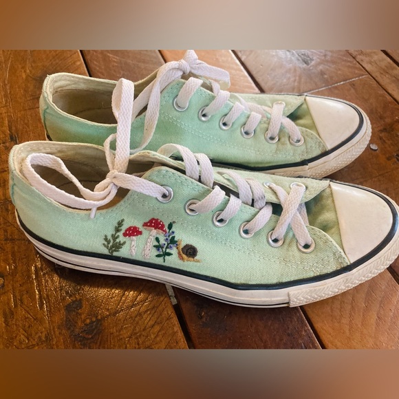 Converse Shoes - Upcycled OOAK Mushroom Nature Embroidered Converse Chuck Taylor All Star Size 8